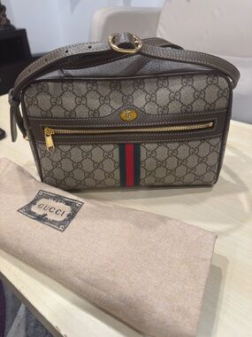 Gucci Beige Monogram GG Canvas Messenger Bag with Web Stripe